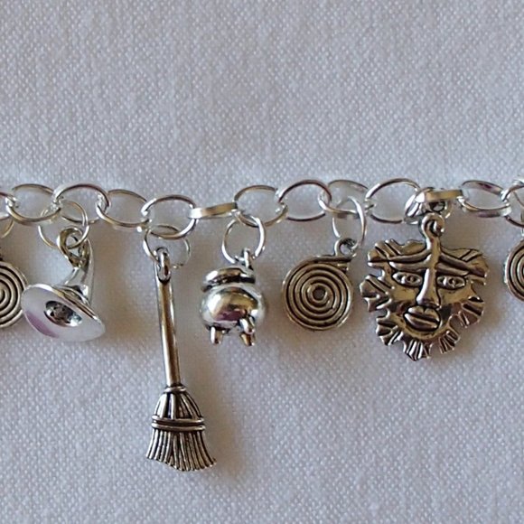 Wicca Witch Pagan Theme Charm Bracelet SP Handcrafted + Organza Roses Gift Bag - Picture 8 of 8